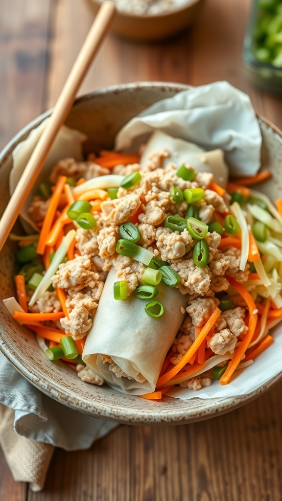 A healthy bowl of egg roll in a bowl with ground turkey, cabbage, and carrots, garnished with green onions and sesame seeds.
